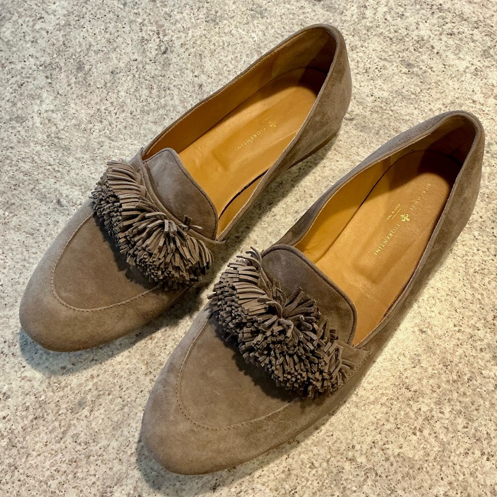 Mercanti Fiorentini Italian Tan Suede Slip On Loafer Flat Boho Pom Pom Fringe 11